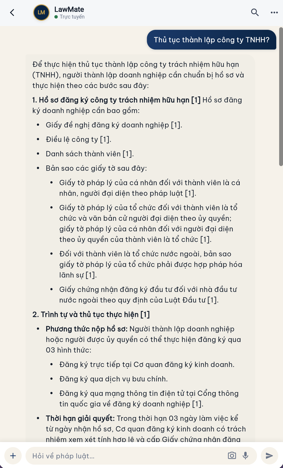 Giao diện hội thoại hỏi đáp pháp luật có trích dẫn nguồn trên ứng dụng LawMate